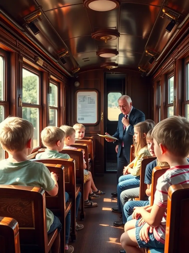Children participating in an educational program about railway history and engineering, held in a restored railway carriage.