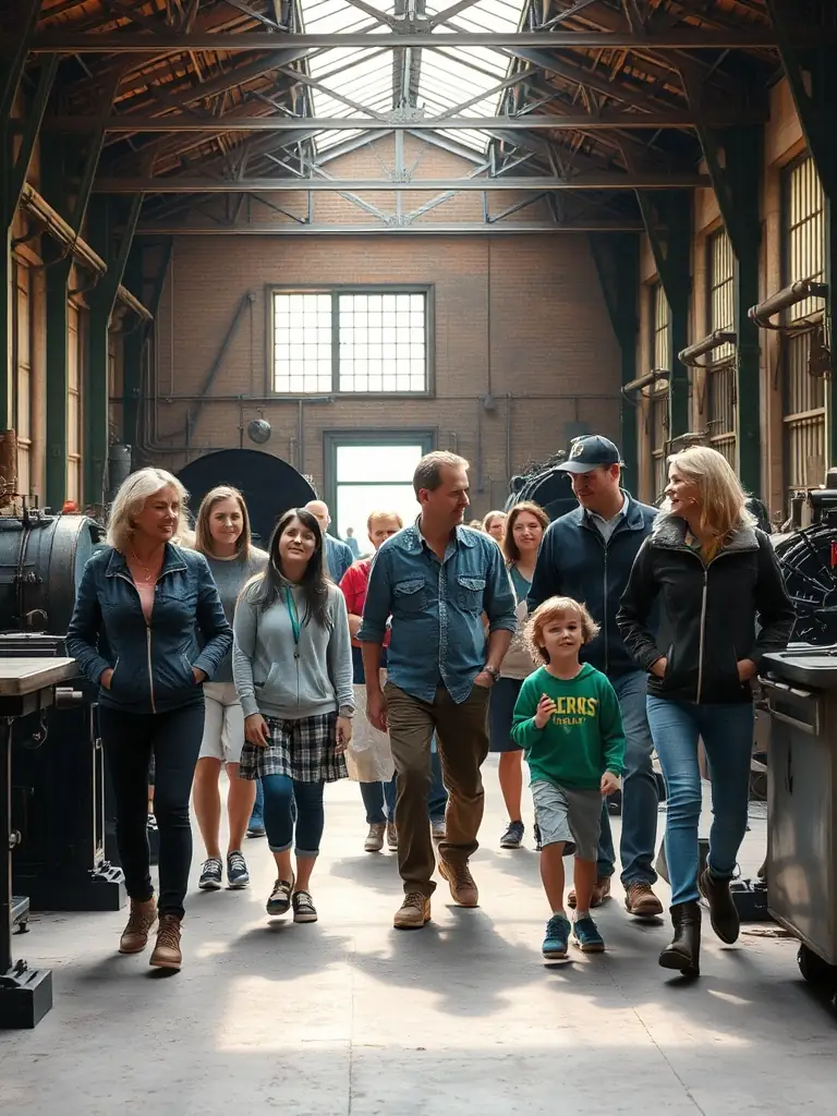 A group of people of all ages participating in a guided tour of the railway's historical workshops and maintenance facilities.