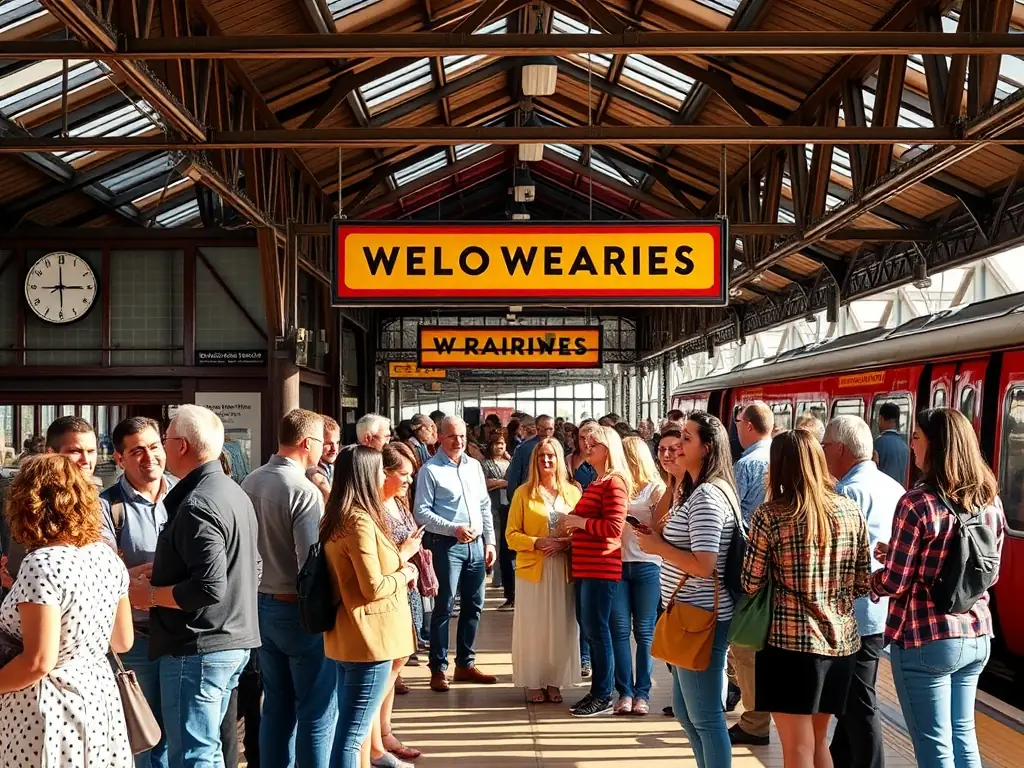 A group of people gathered at a railway station, participating in a special event organized by Chemin de Fer Bort-Neussargues, showcasing community engagement and railway-themed activities.