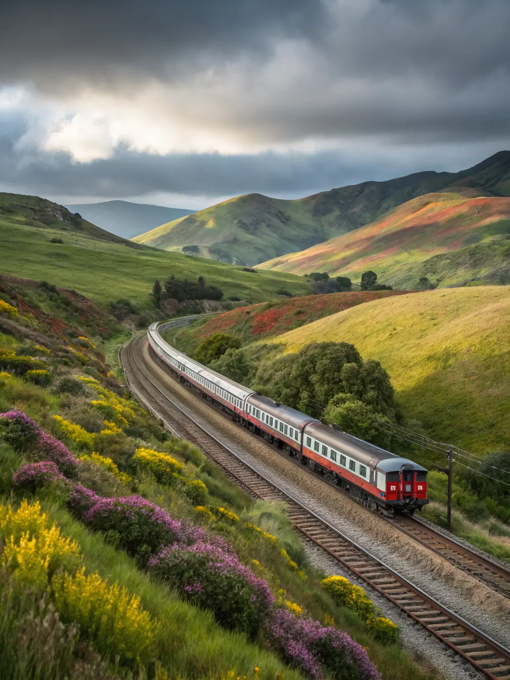 A vintage steam train chugging through the scenic countryside of Bort-Neussargues, with lush green fields and rolling hills in the background, capturing the essence of a heritage railway tour.