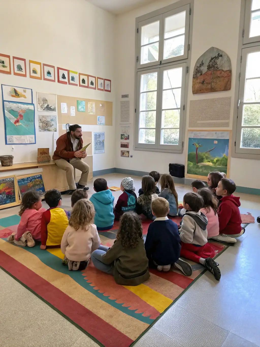 A picture of a group of children learning about railway history and engineering during an educational program, emphasizing the organization's commitment to education.