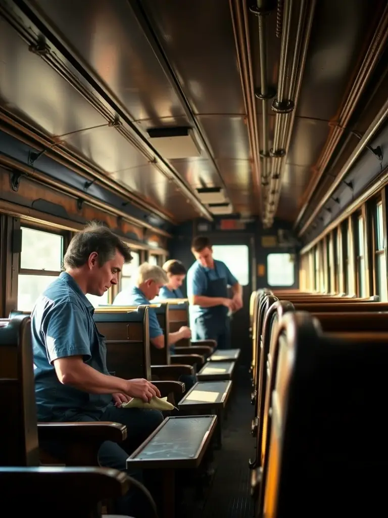 A group of volunteers working together to restore a vintage train carriage, showcasing the dedication and passion involved in preserving railway heritage.