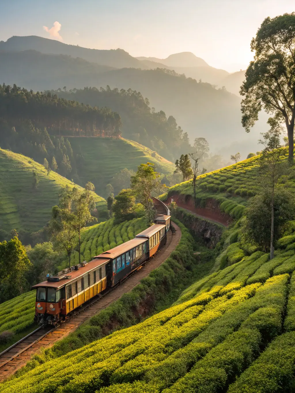A vintage steam train chugging through a lush green valley, showcasing the scenic beauty of the Chemin de Fer Bort-Neussargues railway line.