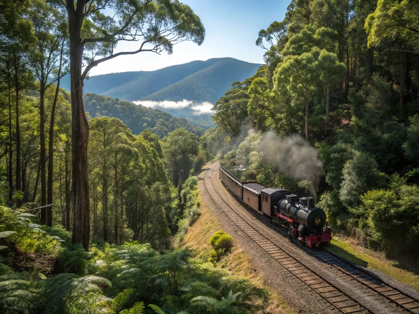 A vintage steam train chugging through a lush green valley, smoke billowing from its chimney, representing the heritage railway tours offered by Chemin de Fer Bort-Neussargues.